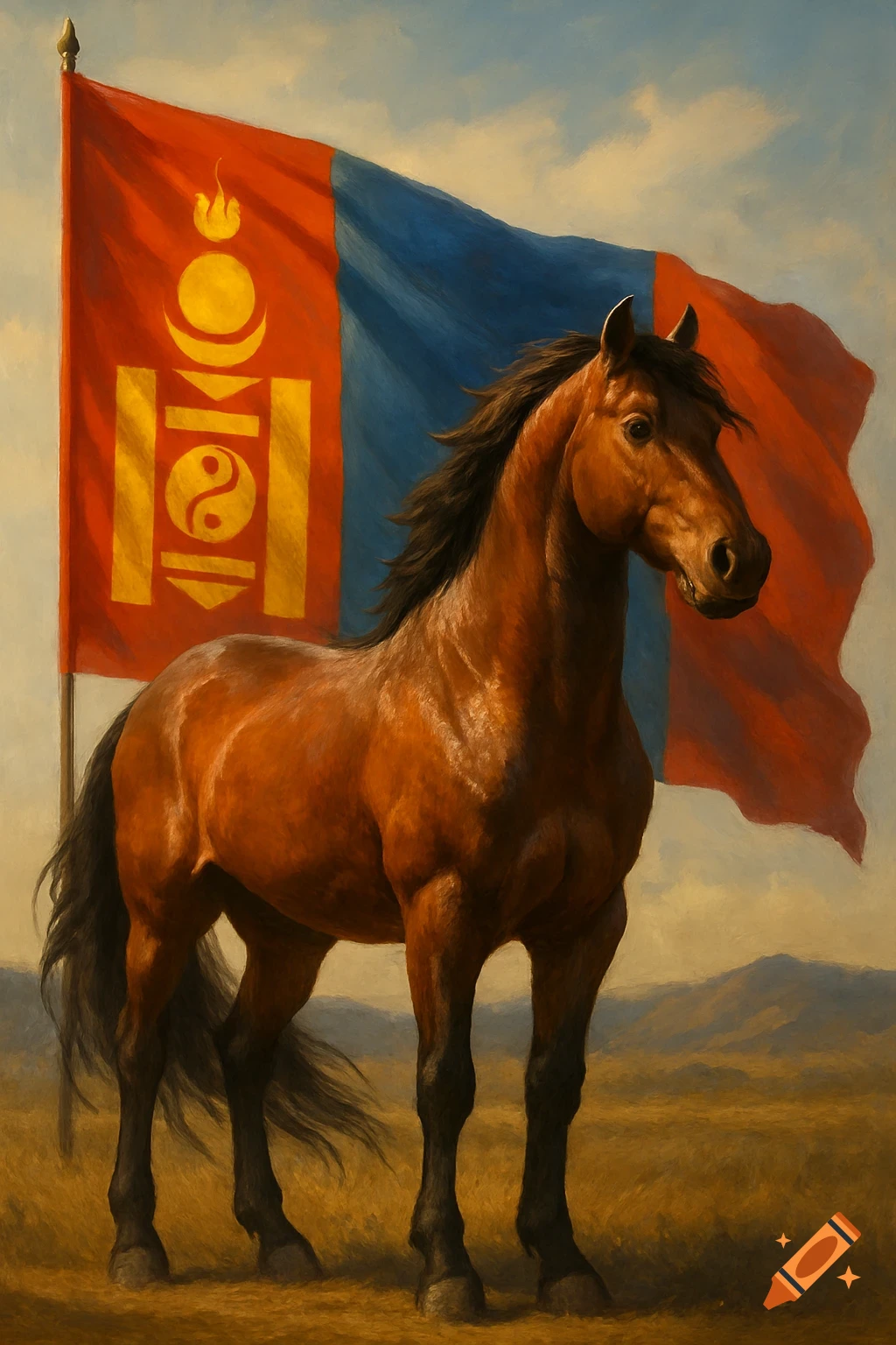 A majestic brown horse stands in a grassy field, with a large, waving Mongolian flag behind it under a cloudy sky.