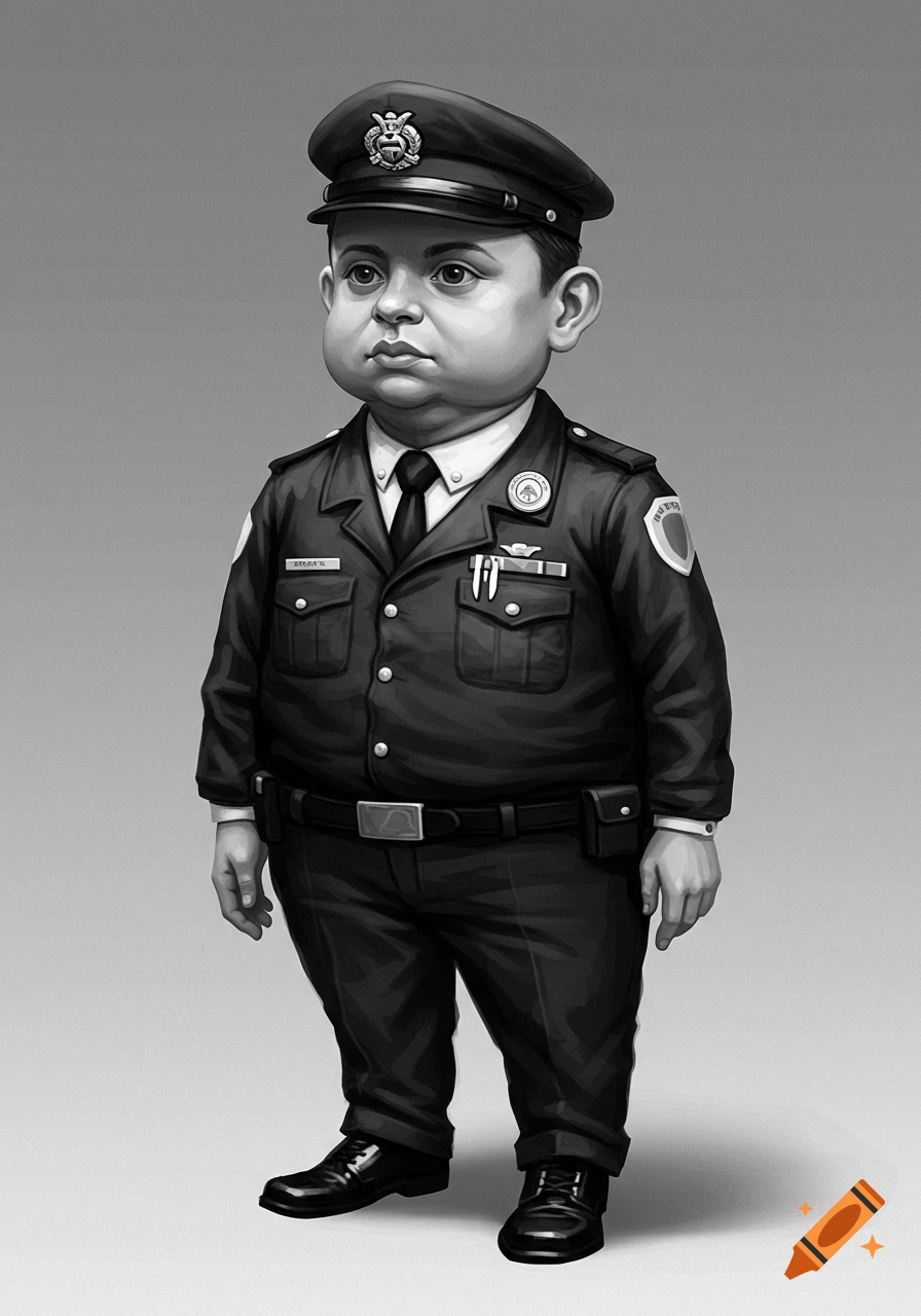 A grayscale illustration of a cartoonish police officer with a large head and feet, wearing a uniform.