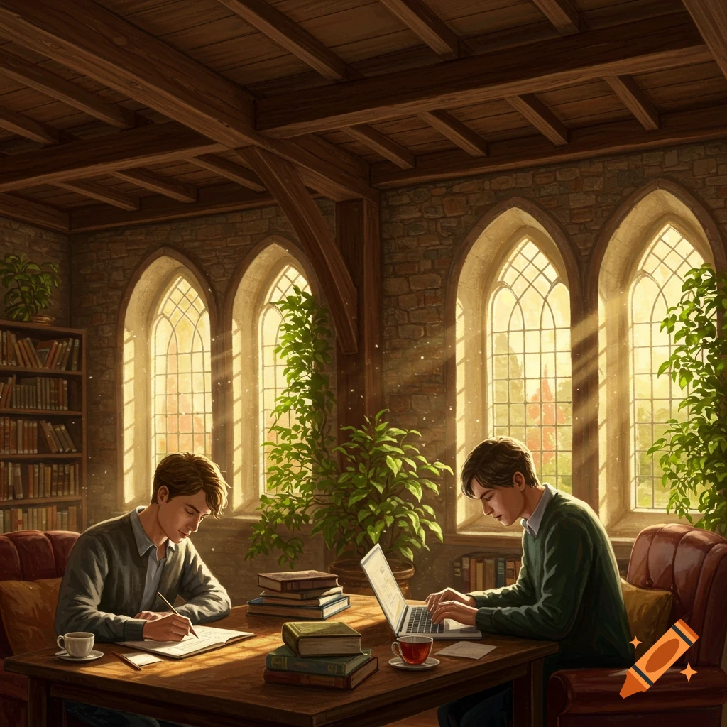 Two young men studying in a sunlit library with arched windows and bookshelves, one writing, the other on a laptop.