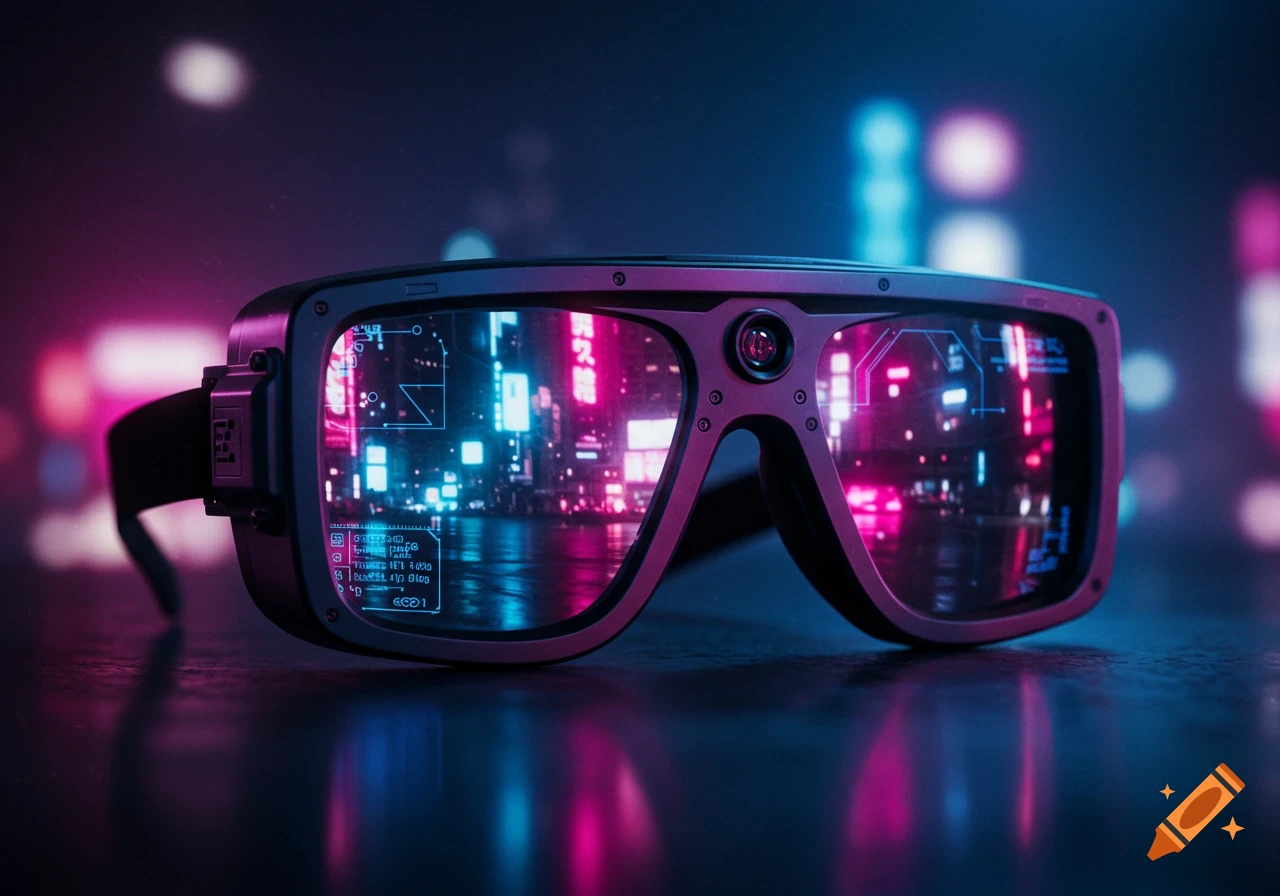 Futuristic cyberpunk glasses with neon city reflections in lenses, glowing pink and blue, on a dark surface.