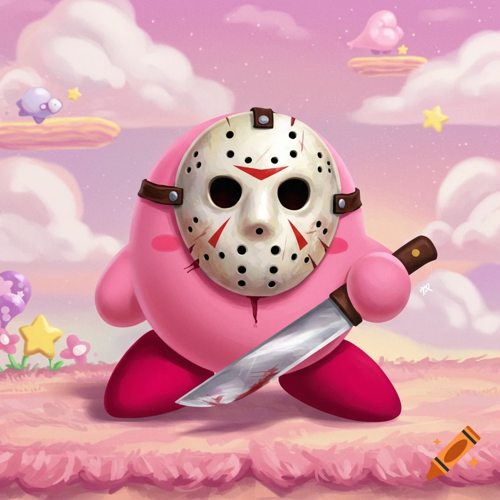 Pink Kirby wears a Jason mask and holds a bloody knife in a cute, cloudy, pink landscape.