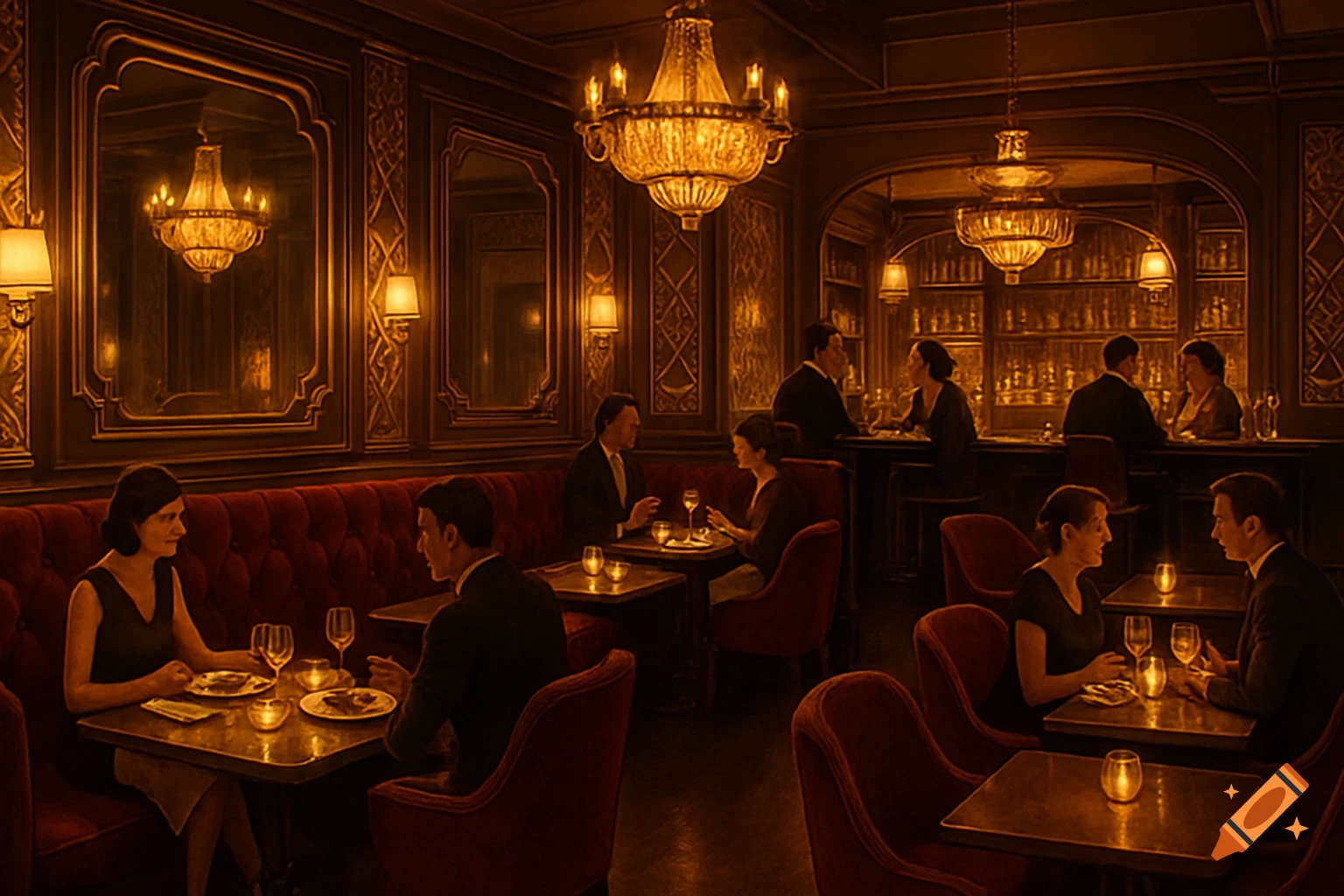 An elegant, dimly lit restaurant and bar with people dining at tables and sitting at the bar counter, featuring deep burgundy and warm gold accents.
