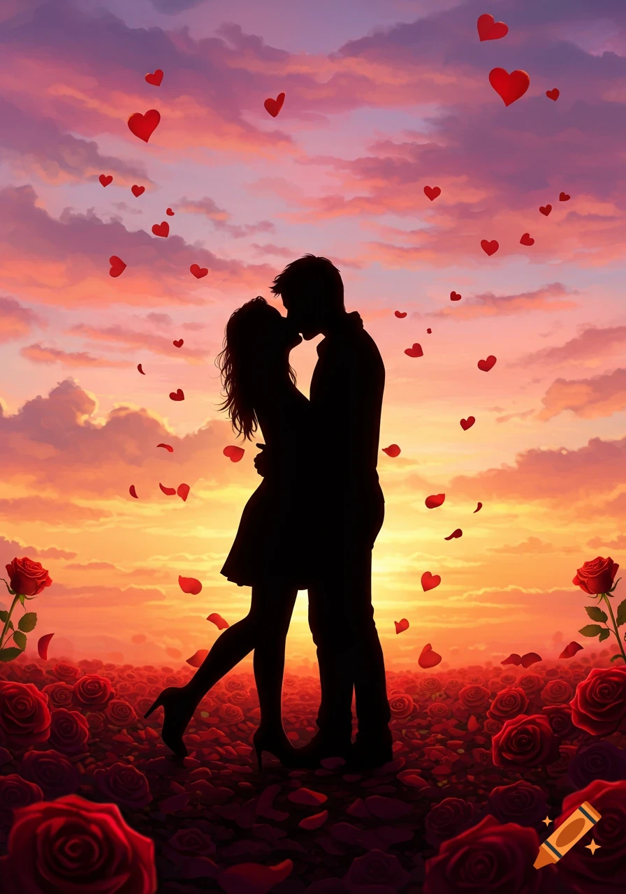 Silhouettes of a couple kissing passionately at sunset, surrounded by red roses and floating hearts, in a romantic art style.
