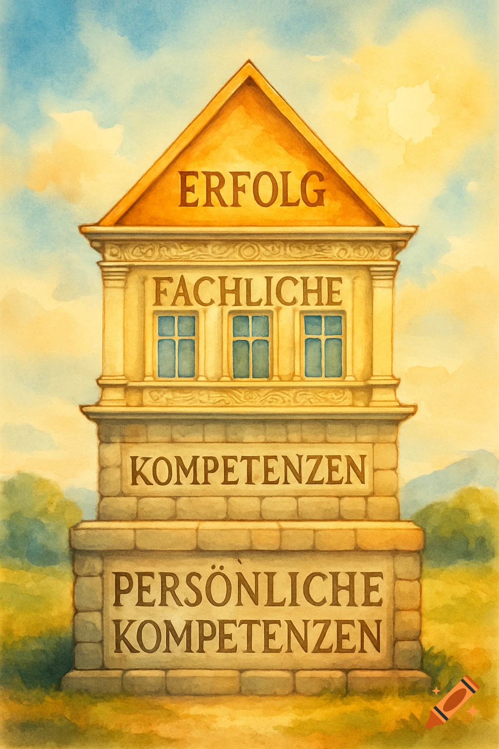 A watercolor painting of a house-like structure labeled with German text. The roof reads "ERFOLG", the middle floor "FACHLICHE KOMPETENZEN", and the foundation "PERSÖNLICHE KOMPETENZEN".