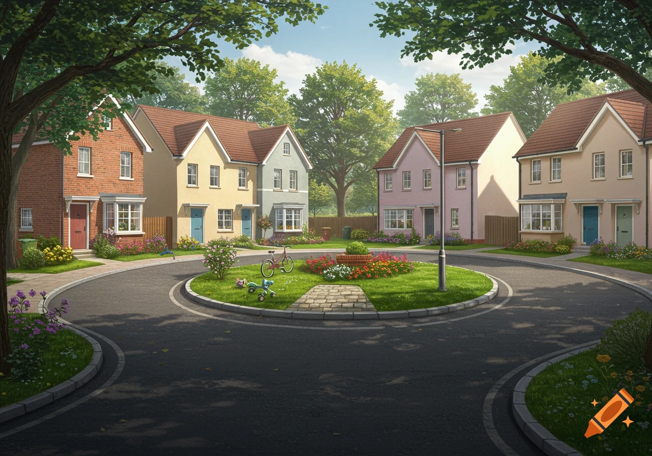 A bright digital illustration of a suburban cul-de-sac with six colorful detached houses, green trees, and a central roundabout with flowers, a bicycle, and a toy car.