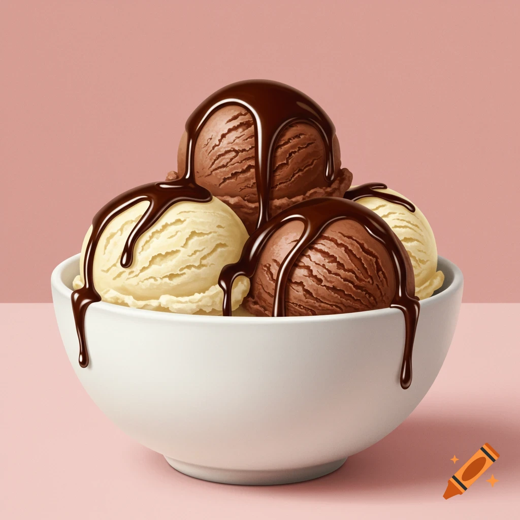 A white bowl filled with chocolate and vanilla ice cream scoops drizzled with chocolate sauce on a pink background.