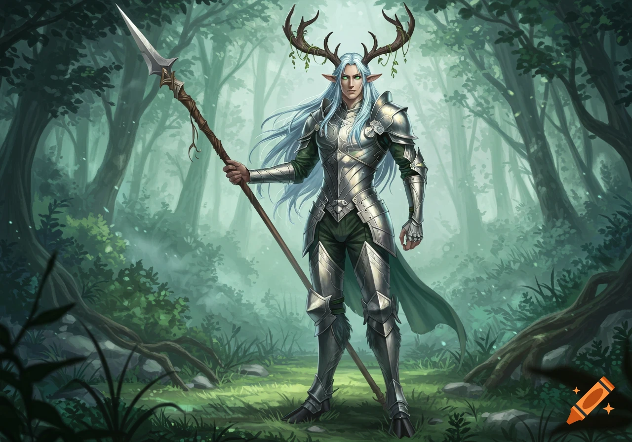 Elegant anime male faun with silver armor, silver-blue hair, green eyes, and antlers, holding a spear in a misty forest.