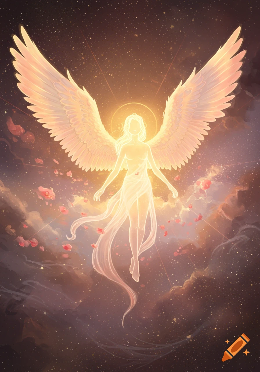 A glowing, ethereal angelic spirit with large wings floats amidst starry clouds and falling rose petals in a fantasy style.
