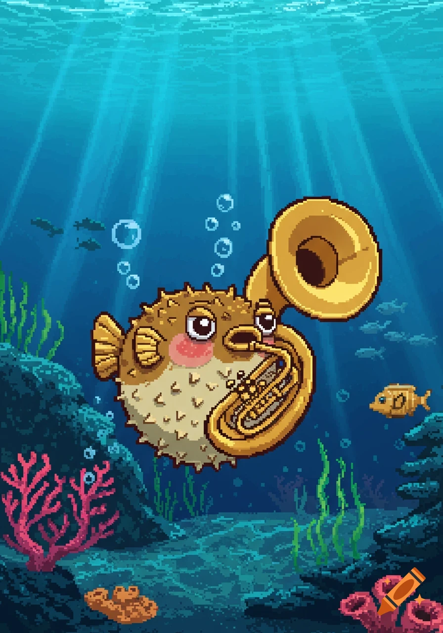 A pixel art pufferfish with rosy cheeks plays a tuba underwater with coral, rocks, and small fish in the background.