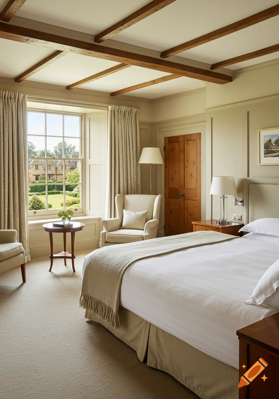 Elegant hotel bedroom with a king bed, armchairs, and a large window overlooking a lush garden, in a classic English style.