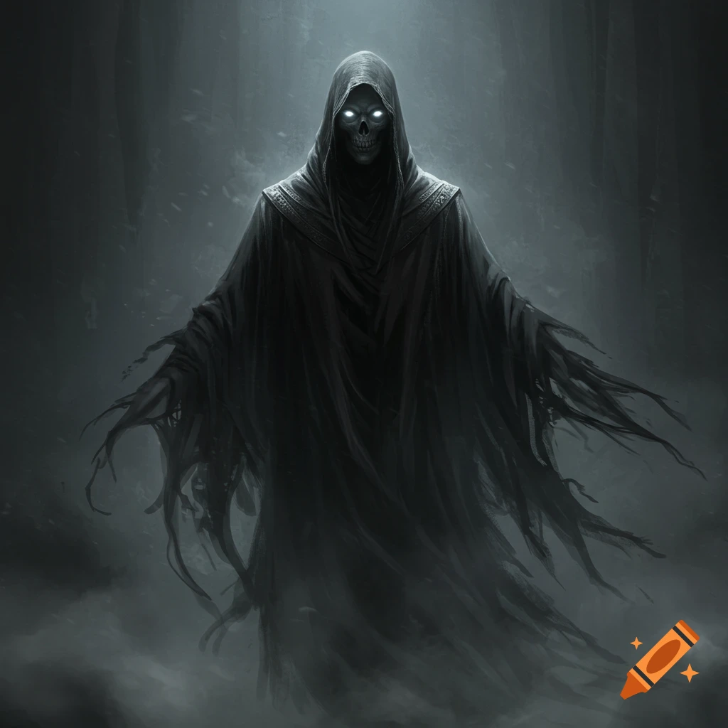 A dark cloaked wraith with glowing eyes stands in a misty, shadowy environment.