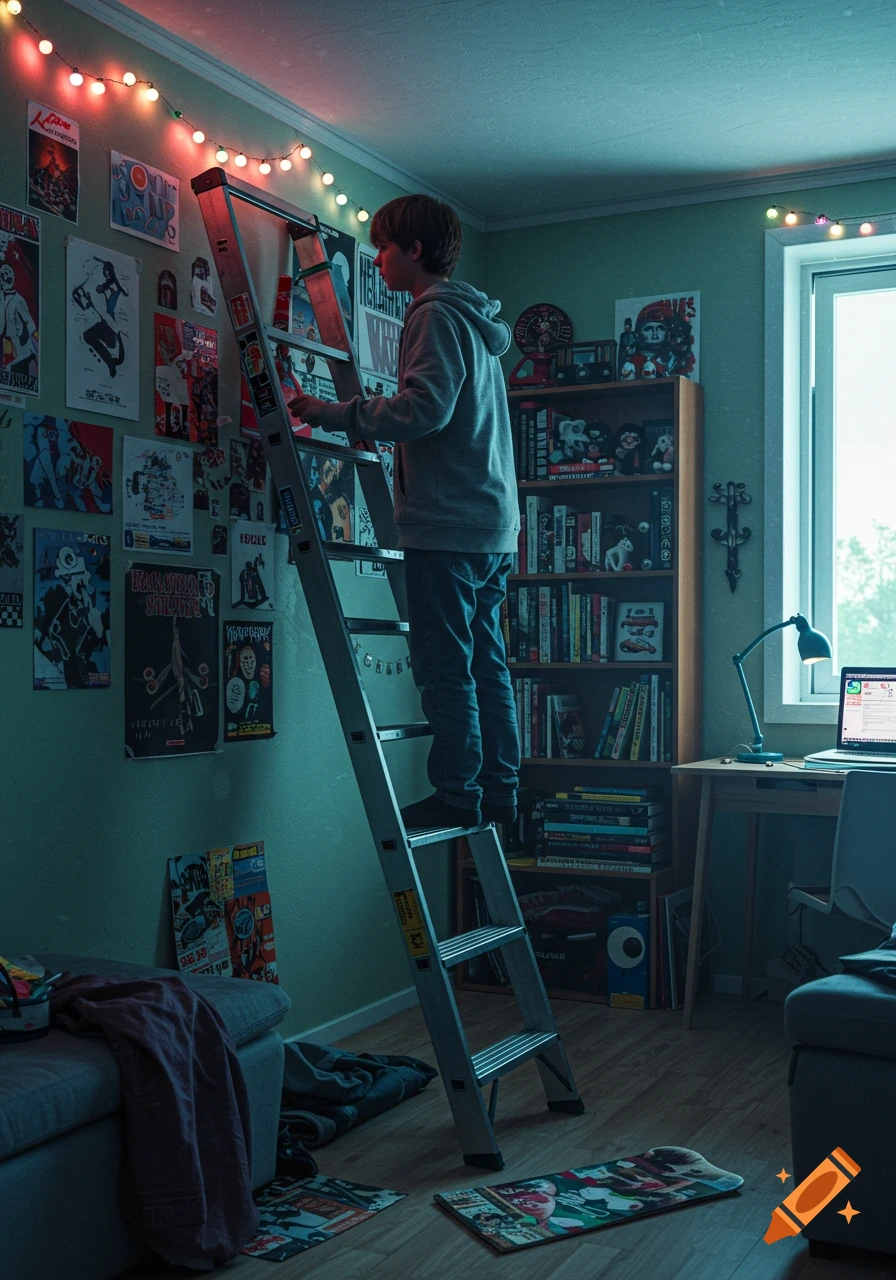 A teenager stands on a ladder, adjusting posters on a wall in a dimly lit bedroom with string lights, a bookshelf, and a desk.