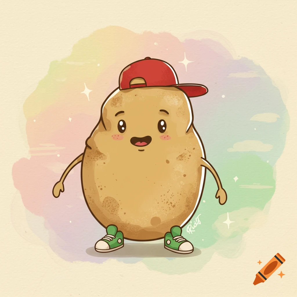 A cute, smiling cartoon potato wearing a red baseball cap and green sneakers, standing against a pastel watercolor background with sparkles.