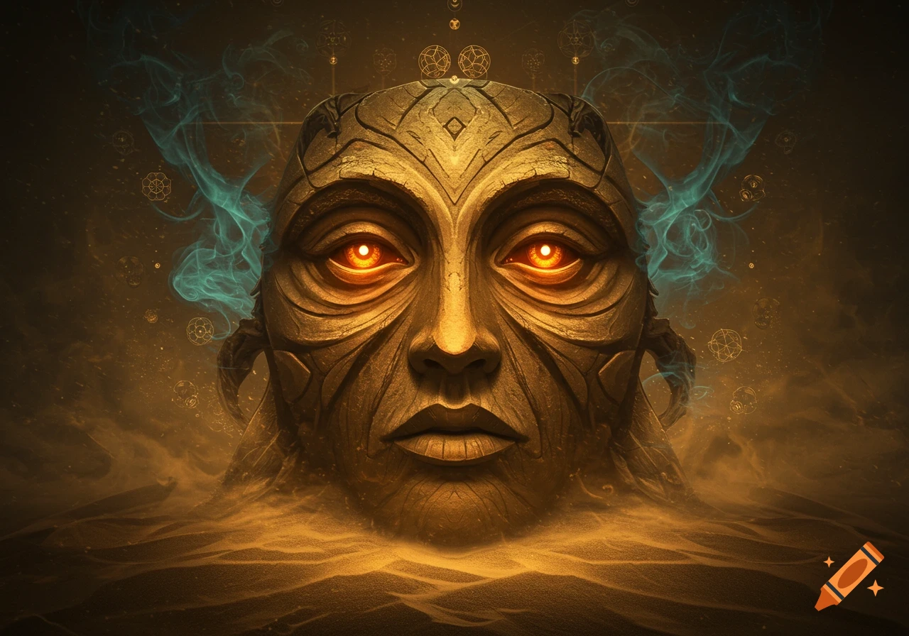 A mystical shamanic totem face of sand and ash with glowing amber eyes, surrounded by turquoise smoke and sacred geometry.