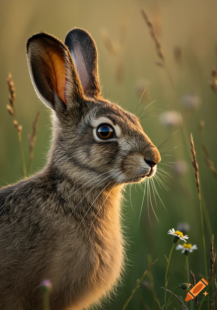 A close-up, photorealistic portrait of a brown hare with large ears and whiskers, looking right in a sunlit field.
