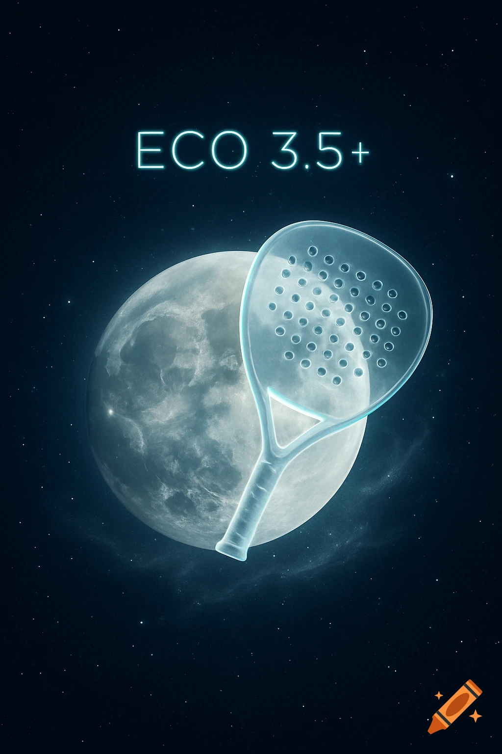 A glowing blue padel racket floats in front of a full moon in a starry night sky, with 'ECO 3.5+' written above.
