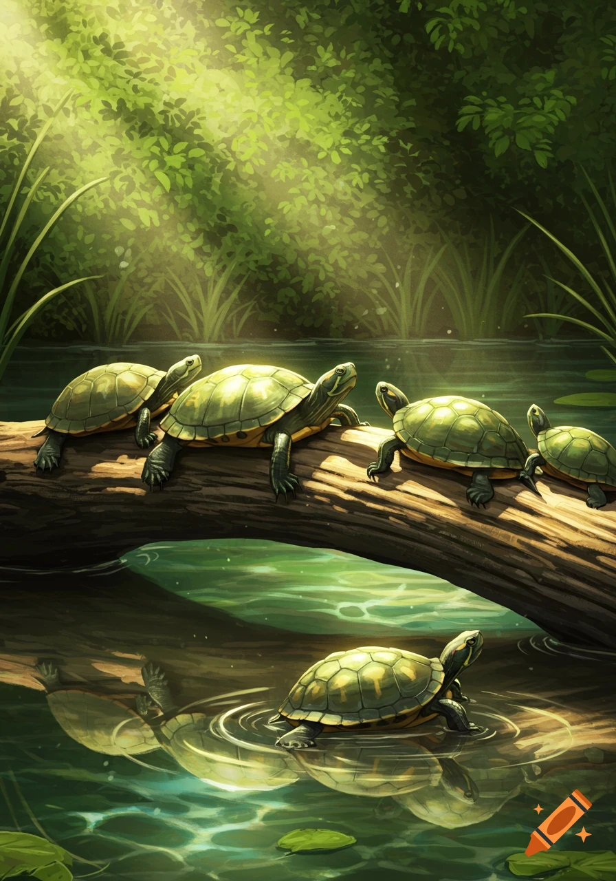 Several turtles rest on and swim around a log in a lush, sunlit swamp, in a painterly style.