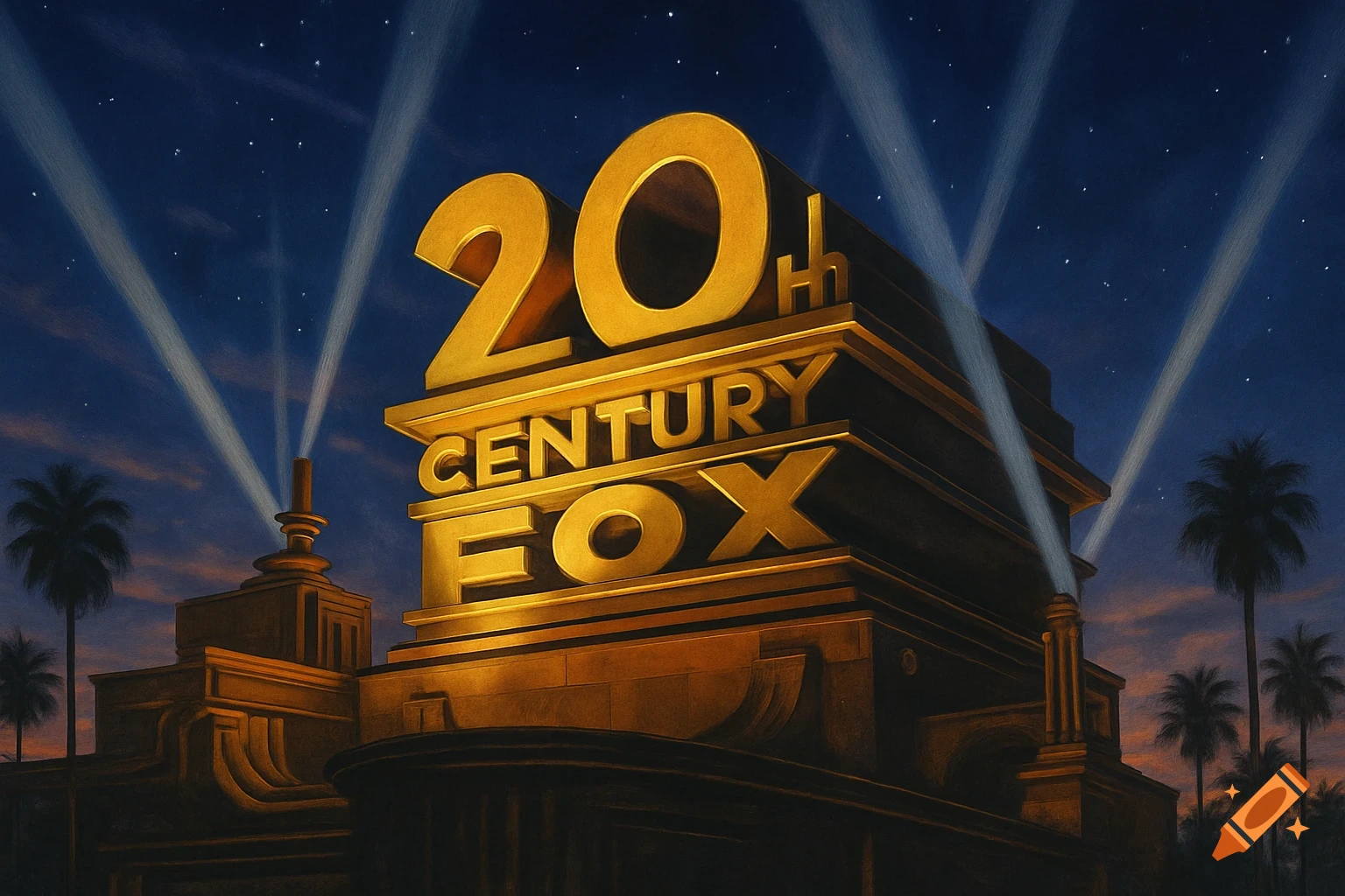 The golden 20th Century Fox logo structure with searchlights beaming into a star-filled night sky, flanked by palm trees.