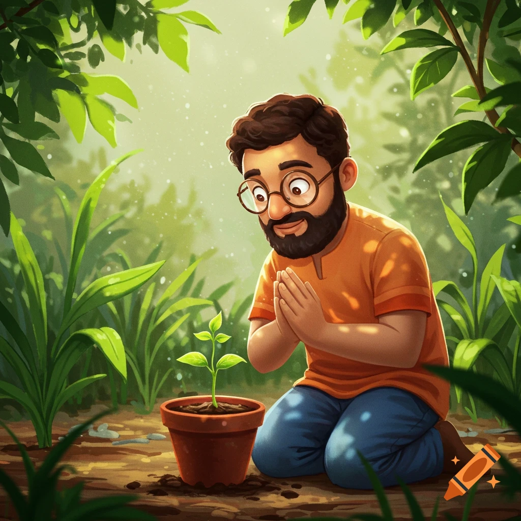 An illustration of a bearded man with glasses kneeling and praying to a small potted plant in a lush green environment.