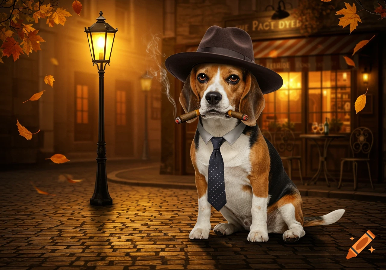 A beagle in a brown fedora and tie sits on cobblestones, holding two lit cigars, under a lamppost on an autumn evening street.