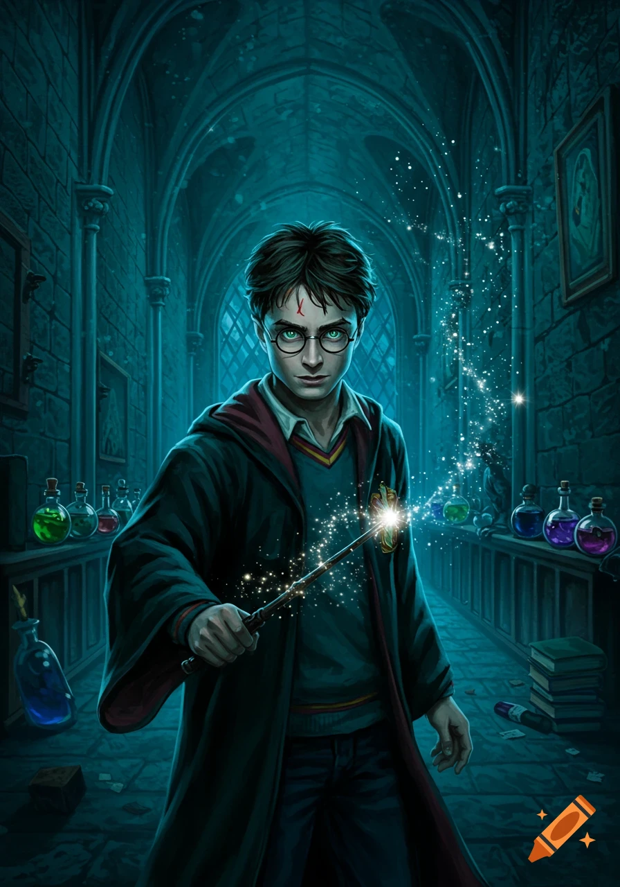 A dark portrait of Harry Potter in a stone corridor, holding a glowing magic wand. He wears glasses and a Hogwarts robe.