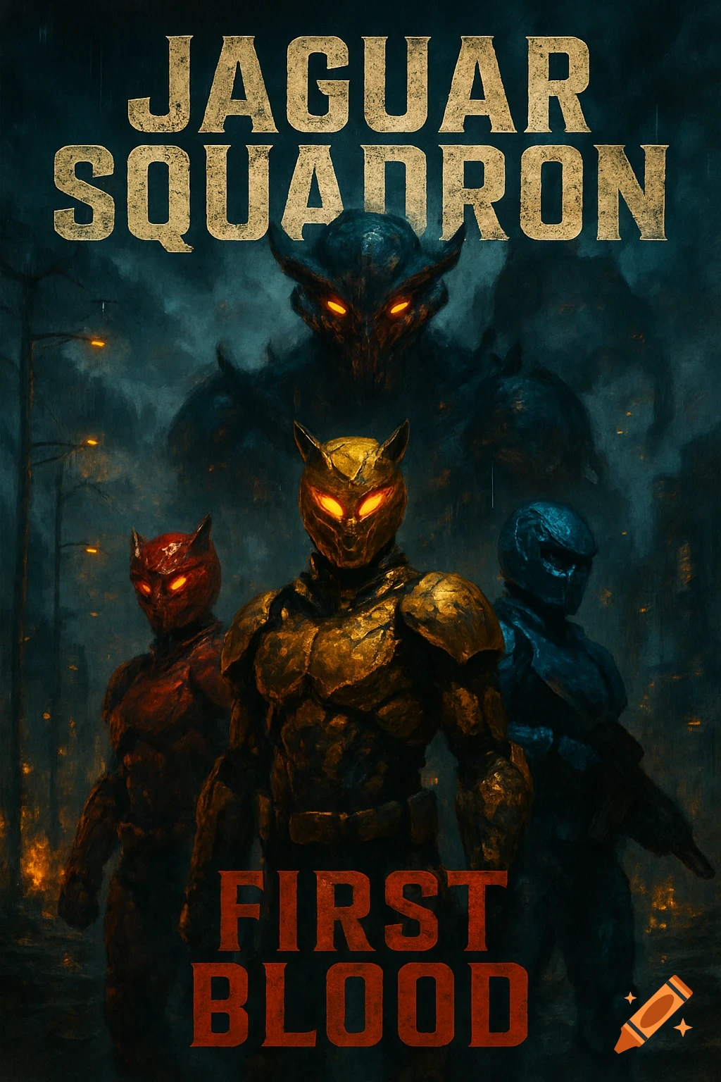 A dark sci-fi poster with three armored heroes (gold, red, blue) with glowing eyes, standing before a large monster. Text reads 'JAGUAR SQUADRON' and 'FIRST BLOOD'.