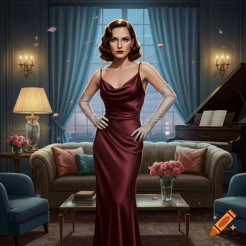 A woman in a red silk gown and white gloves stands in an elegant, richly decorated room with a piano.