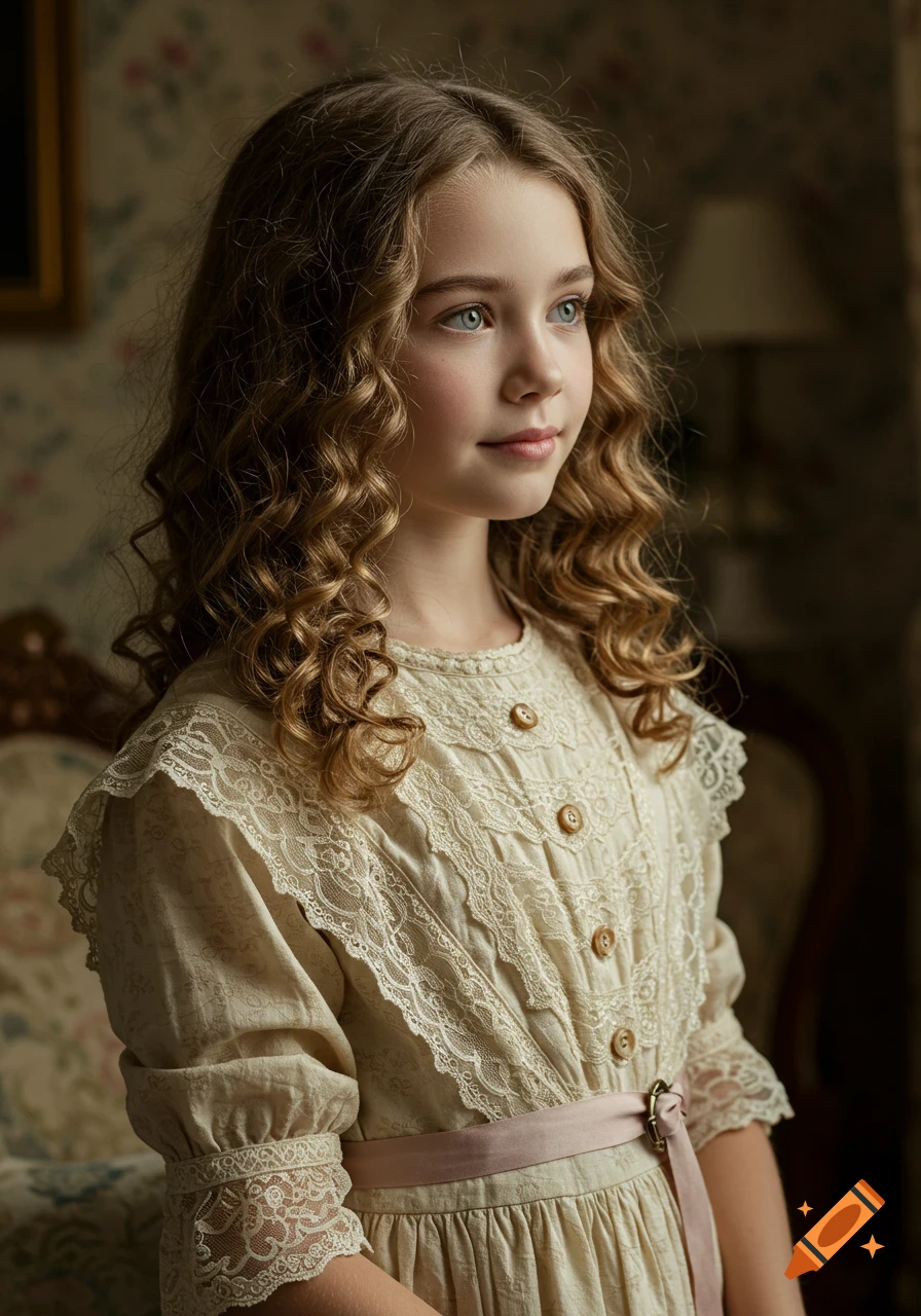 Photorealistic portrait of a young girl with curly brown hair and blue-green eyes, wearing a cream lace historical dress, looking right.