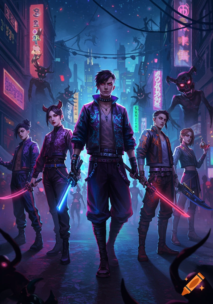 A group of young demon hunters with glowing swords stands in a neon-lit cyberpunk city alley with shadowy monster figures.