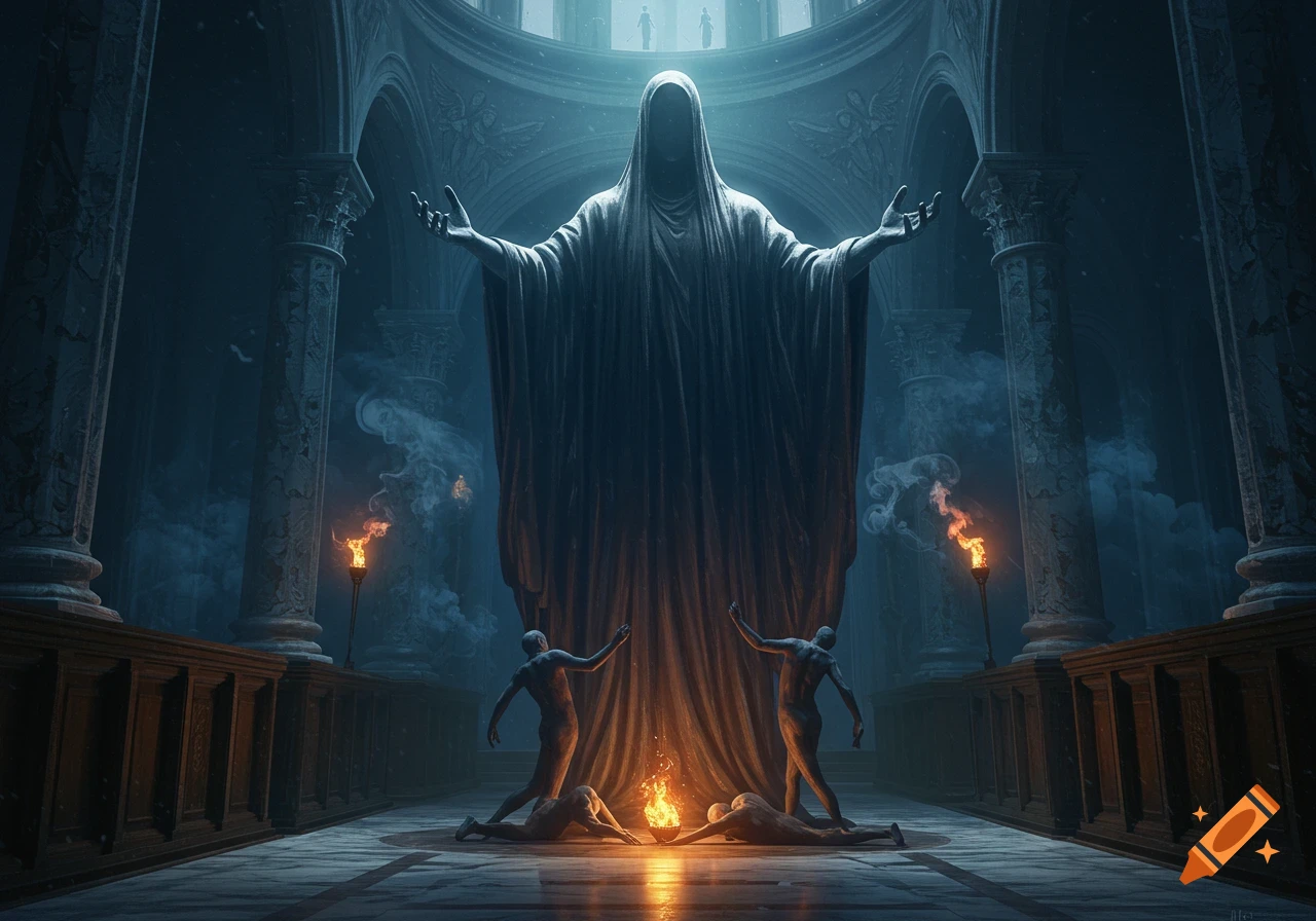 A large robed figure stands with outstretched arms over smaller figures performing a fire ritual in a dark, gothic hall.