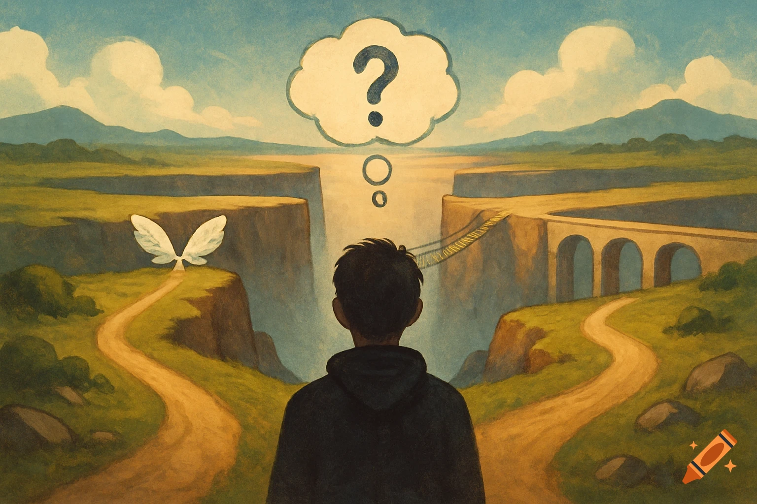 A person views three paths leading across a canyon: one to wings, one to a rope bridge, and one to a stone viaduct, with a question mark thought bubble.