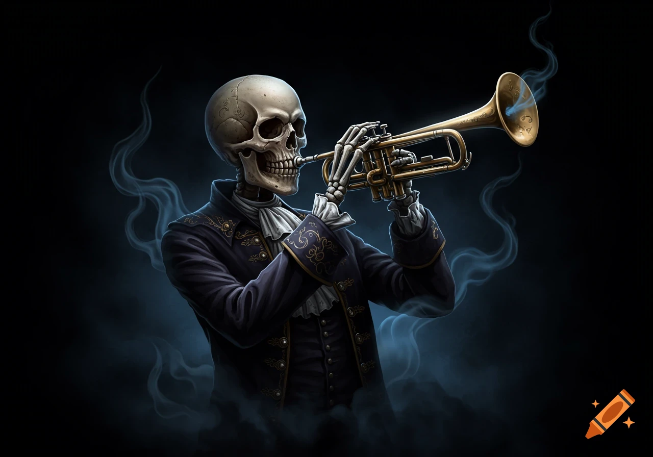 A spooky skeleton in a dark formal jacket plays a golden trumpet, surrounded by wisps of smoke on a black background.