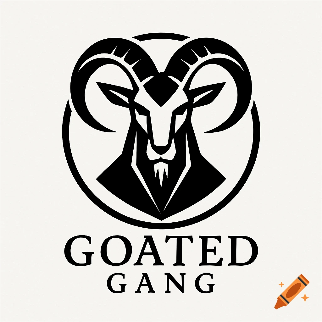 A black and white graphic logo of a stylized goat head with large horns, enclosed in a circle, above the text "GOATED GANG".