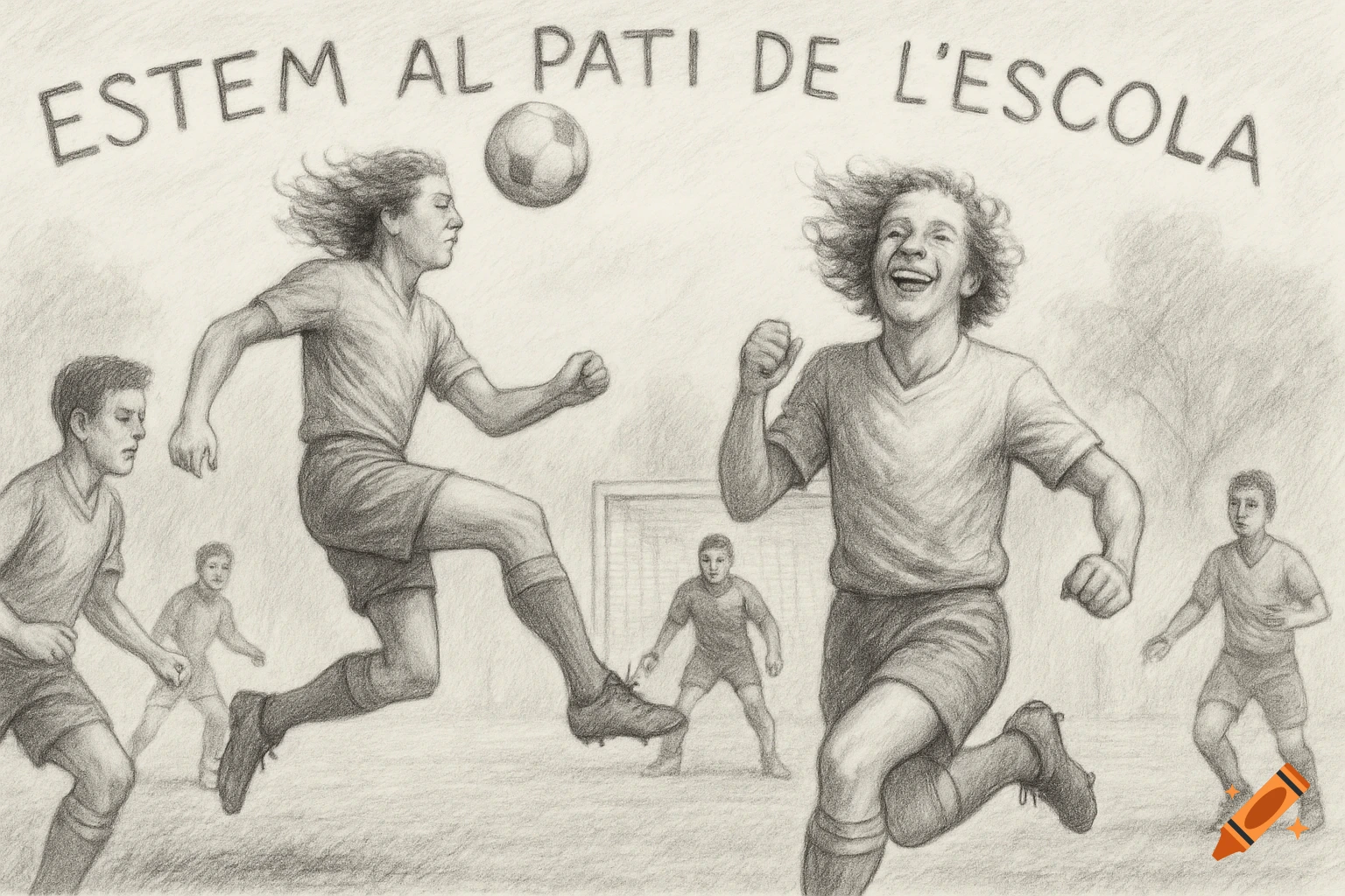 Pencil drawing of boys with curly hair playing soccer in a schoolyard, one celebrating, another kicking, with text 'ESTEM AL PATI DE L ESCOLA' overhead.