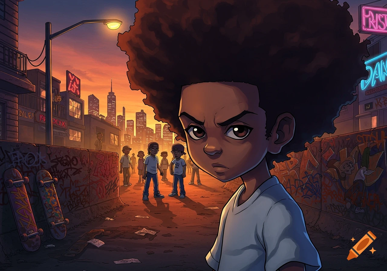A cartoon boy with a large afro stares forward in an urban alley with graffiti, buildings, and a sunset sky in the background.