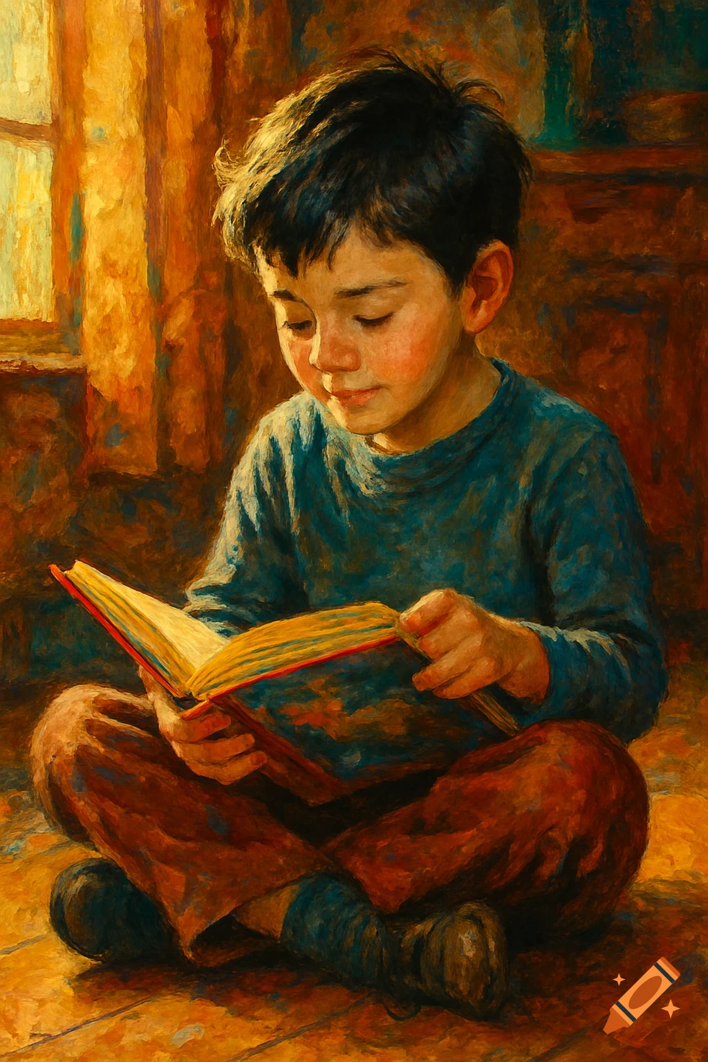 Painting of a young boy with dark hair, sitting cross-legged on the floor, reading a book, in an acrylic Norman Rockwell style.