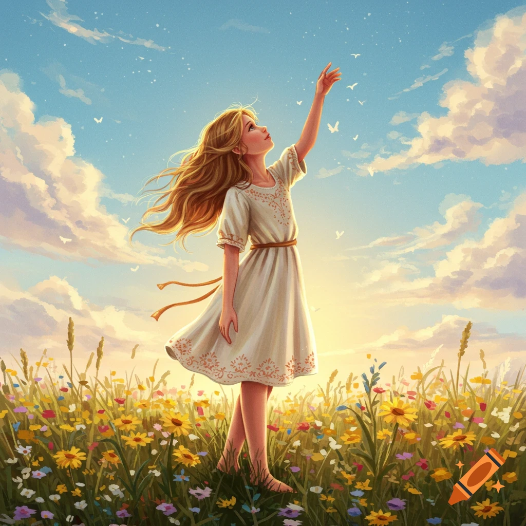 Illustrated young girl in a white dress in a vibrant wildflower field, reaching towards a bright blue sky.