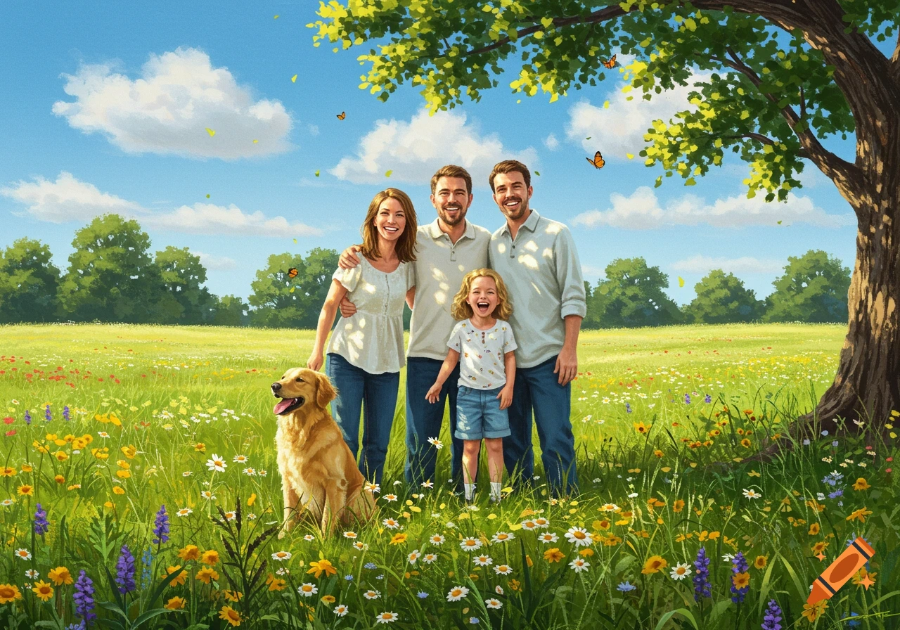 Happy family with a golden retriever in a sunny wildflower meadow with a large tree, illustrated.