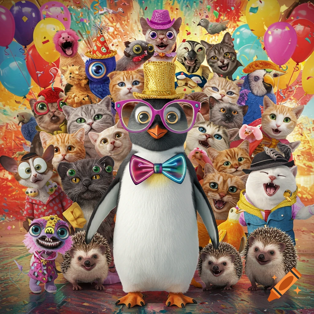 A whimsical group of anthropomorphic cartoon animals, including cats, a penguin, and hedgehogs, dressed in party attire, with balloons and confetti in the background.