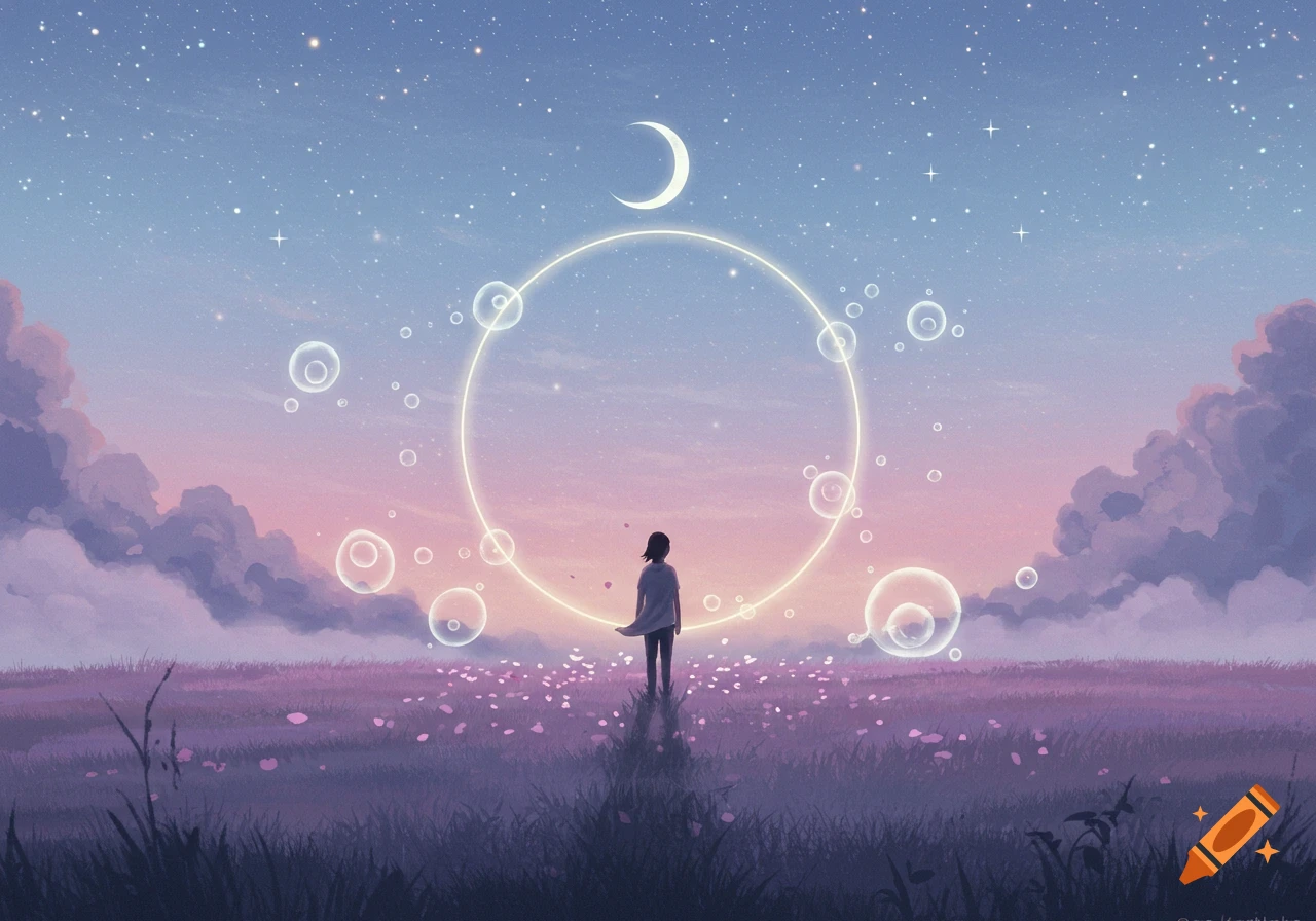 Anime art of a lone person in a flower field under a starry twilight sky with a crescent moon and glowing ring with bubbles.
