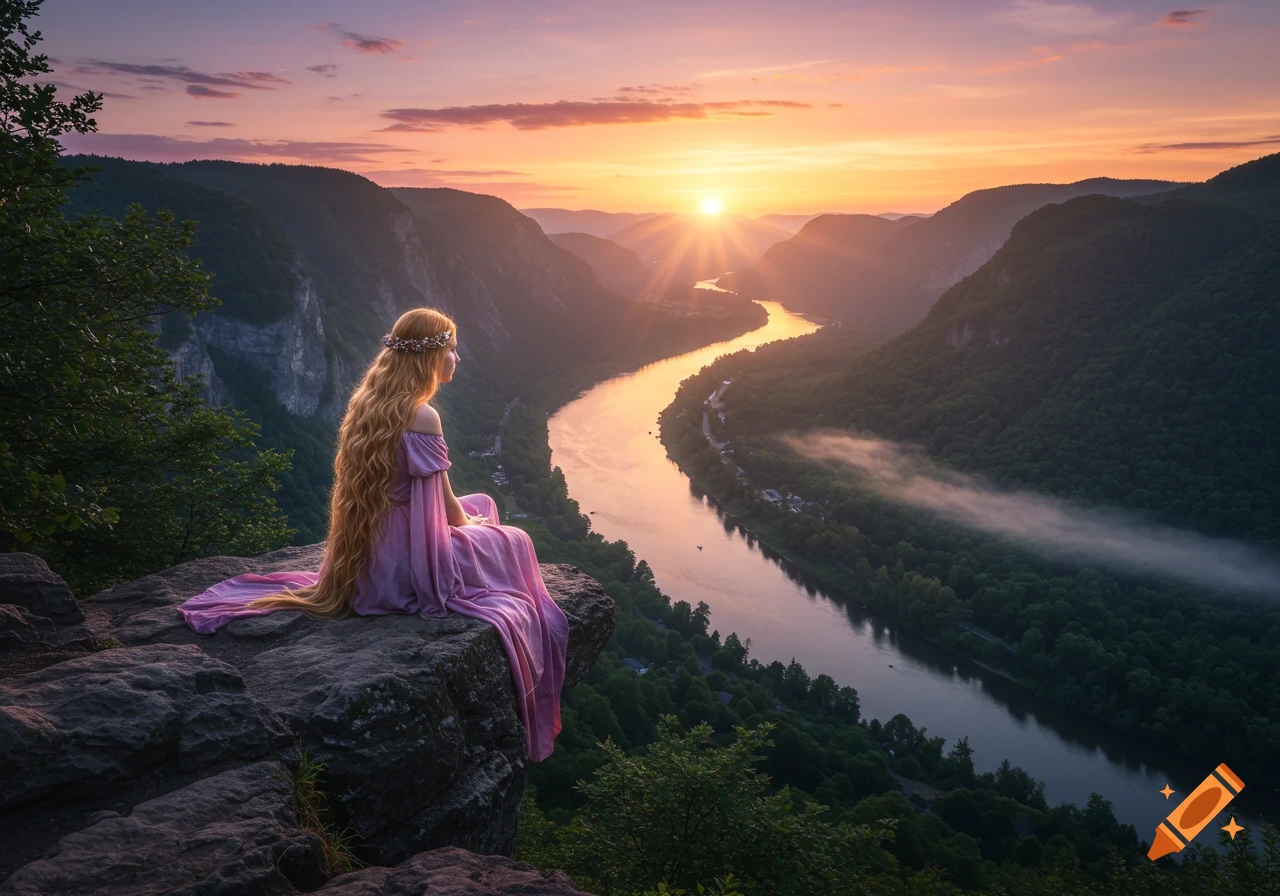 A long-haired woman in a pink dress and flower crown sits on a rocky cliff, overlooking a winding river in a mountainous valley at sunset. Photorealistic.