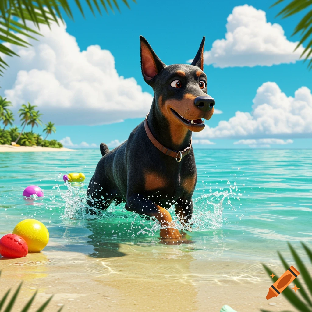 A joyful Pixar-style Doberman runs through shallow turquoise water at a sunny tropical beach with palm trees.