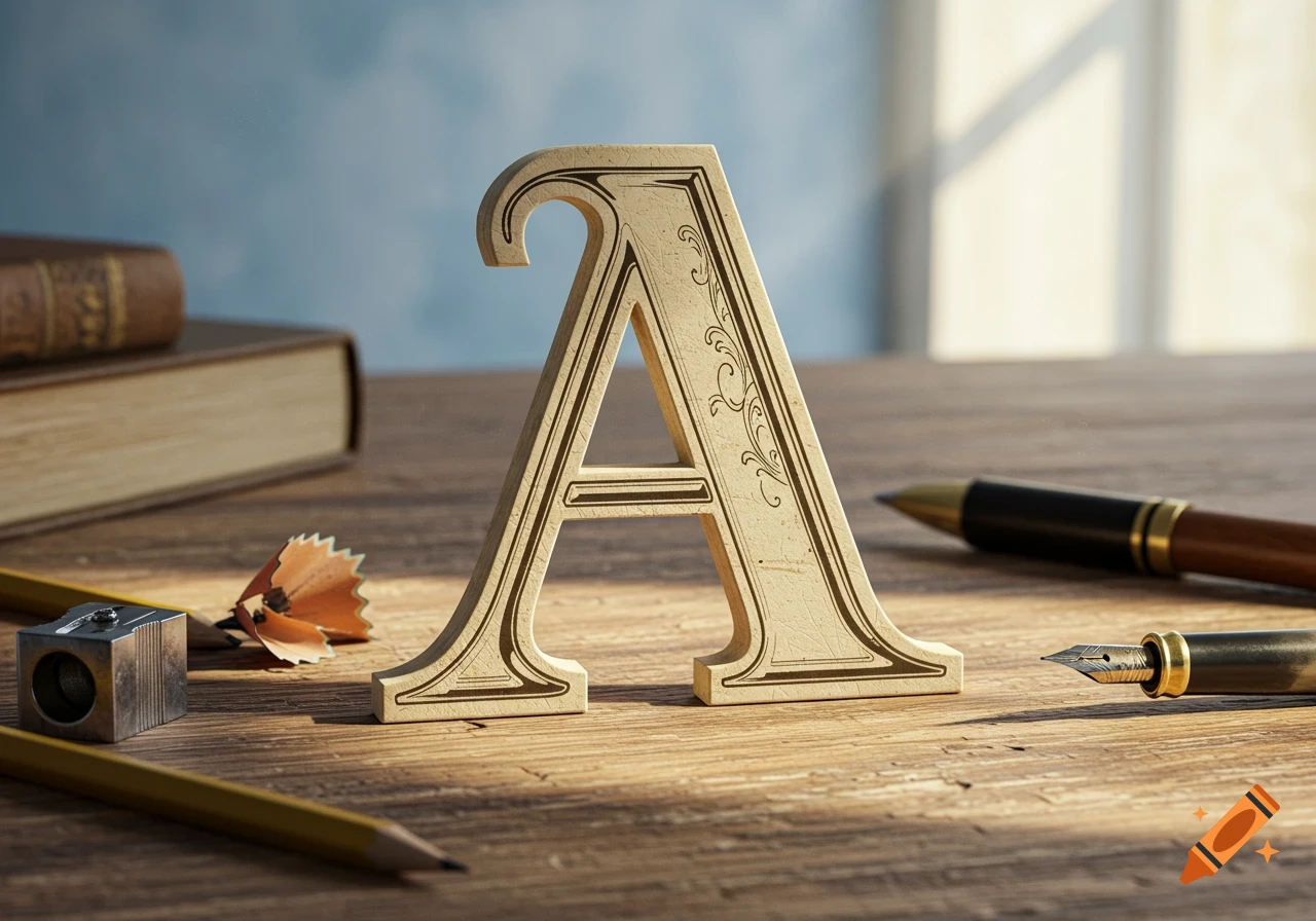 Decorative wooden letter 'A' on a desk with school supplies including a pencil, sharpener, and pens.
