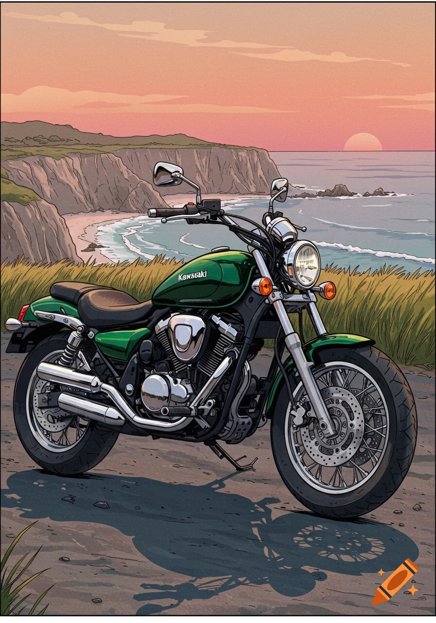 A green motorcycle with chrome accents is parked on a dirt path overlooking a coastal landscape at sunset, in a comic art style.