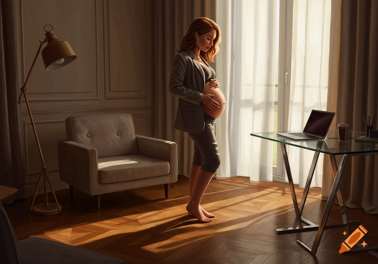 Photorealistic image of a pregnant businesswoman with a bare belly, standing barefoot in a sunlit room with a laptop.