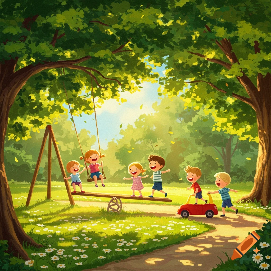 Vibrant illustration of happy children playing on swings, a seesaw, and with a toy car in a sunny park.