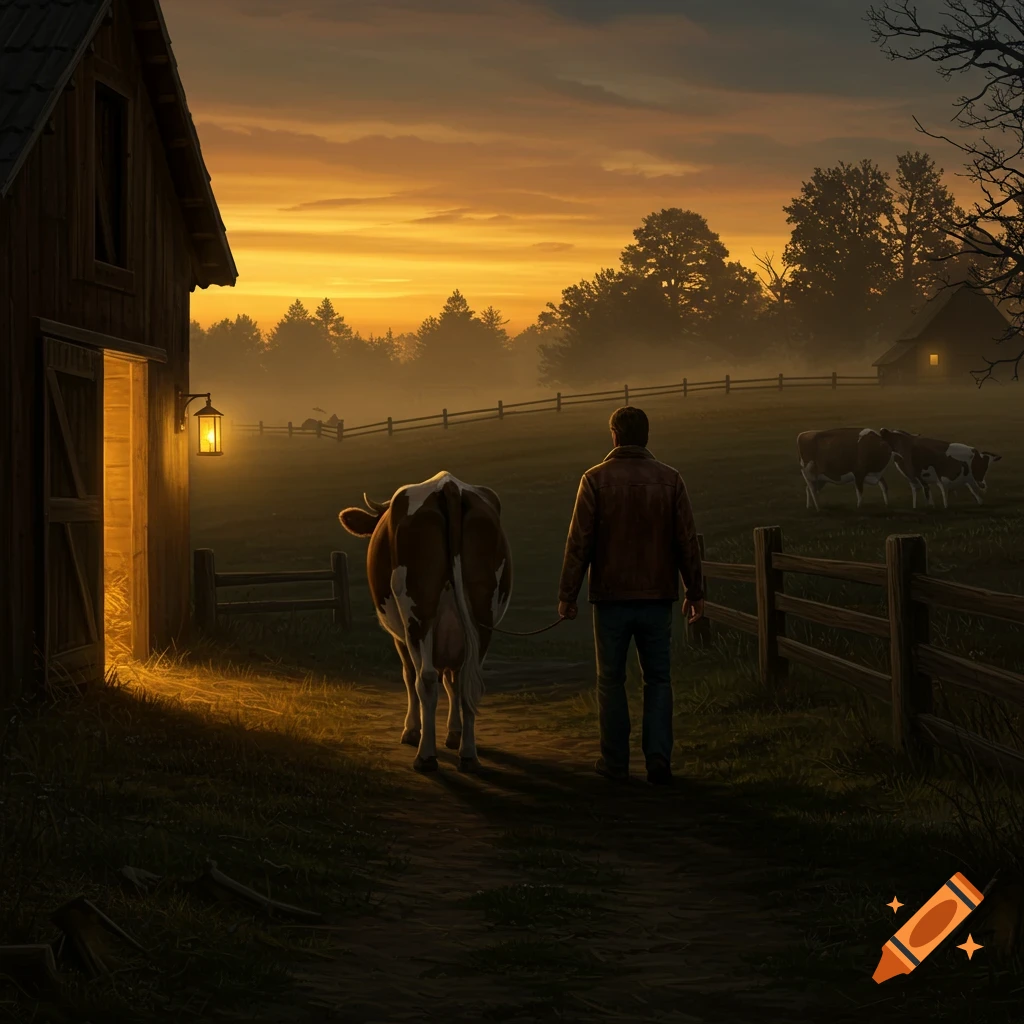 A man leads a cow away from a barn in a misty, photorealistic rural landscape at sunset.