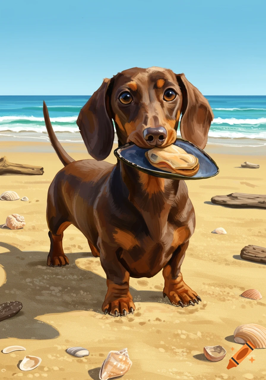 A cute brown and tan dachshund stands on a sandy beach, holding a large mussel in its mouth, with the ocean behind it in an illustrative style.