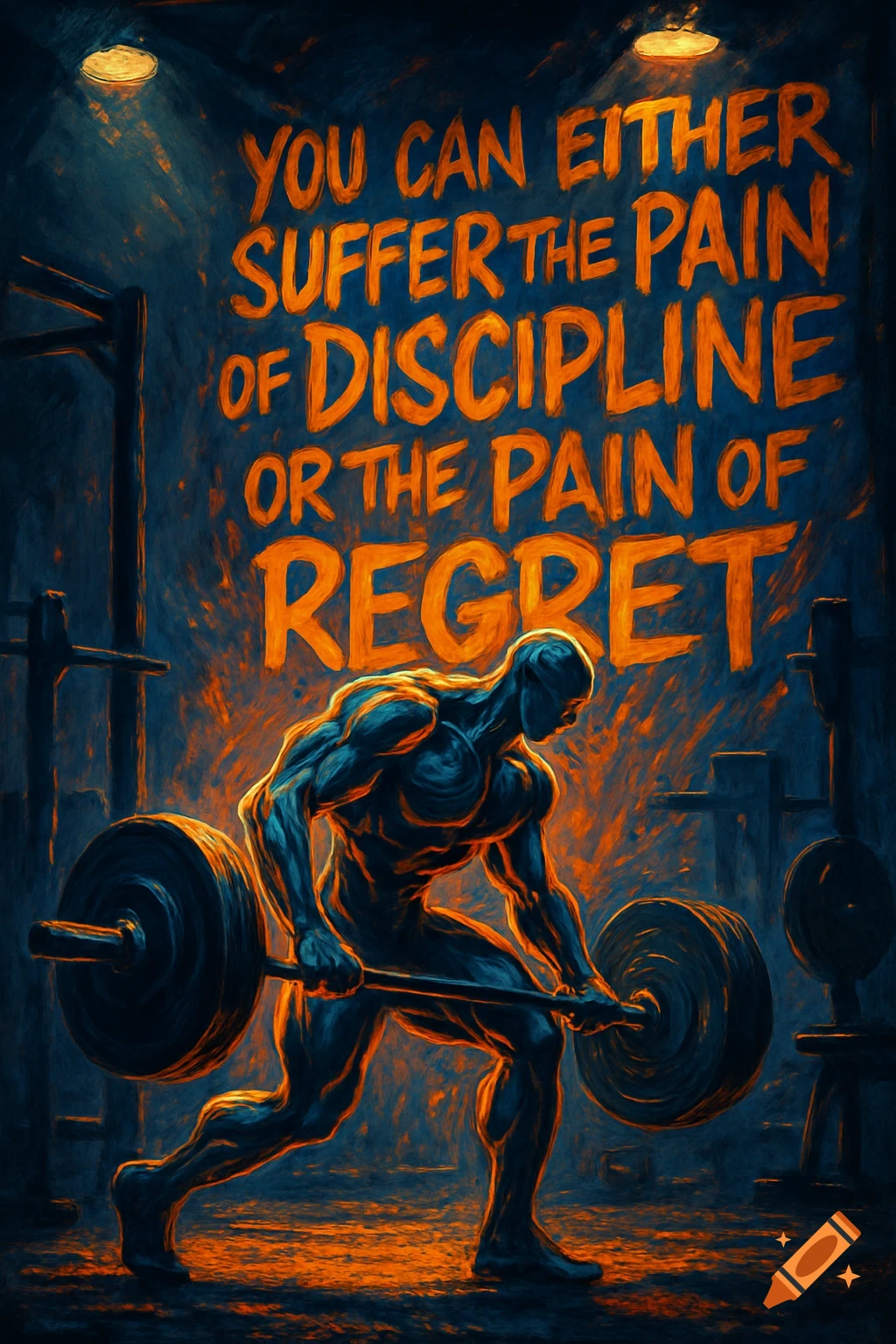 A dark, painterly illustration of a stylized, muscular man lifting a barbell in a gym, with the text 'YOU CAN EITHER SUFFER THE PAIN OF DISCIPLINE OR THE PAIN OF REGRET'.