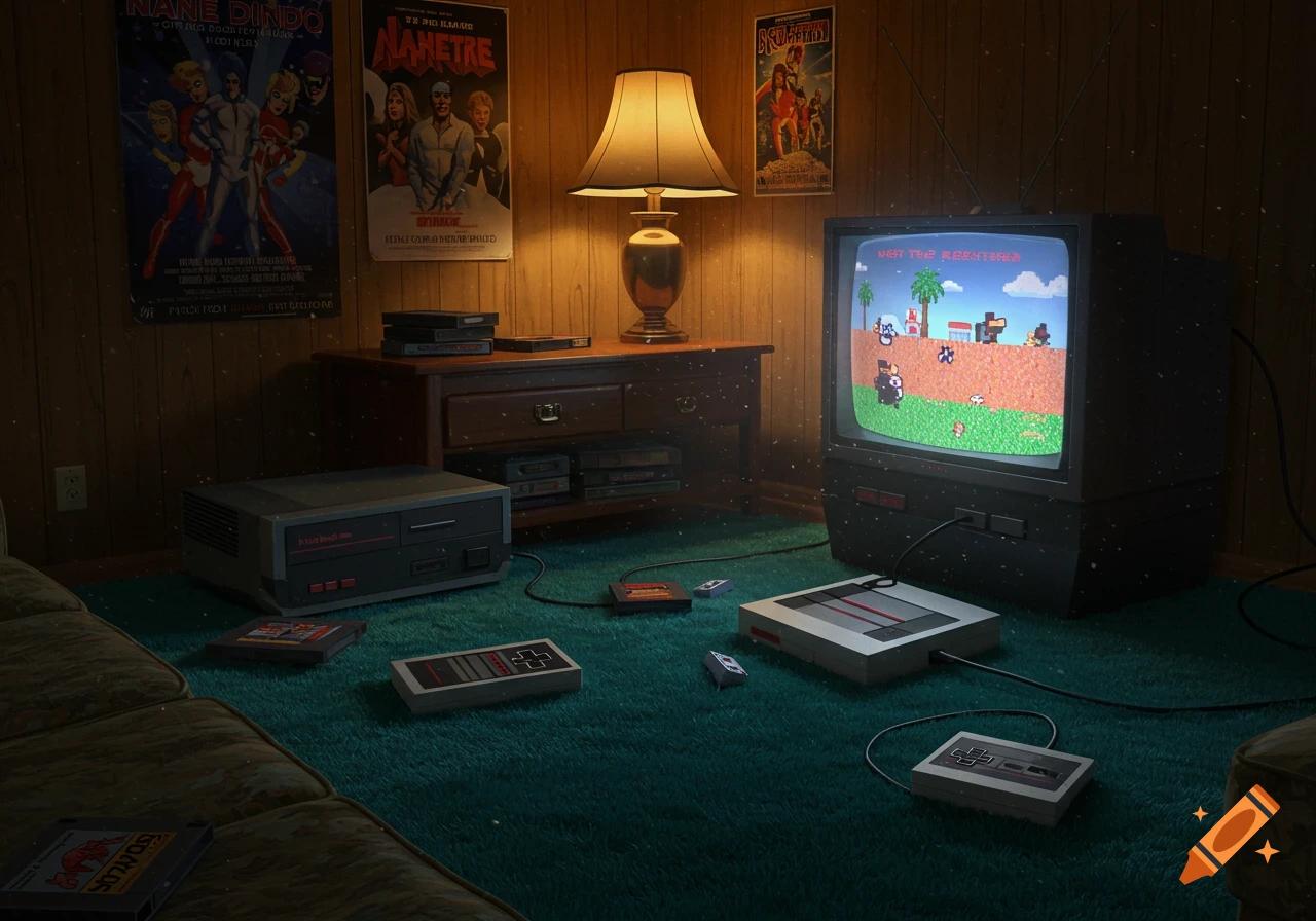 A cozy 1980s-style room with a CRT TV displaying an 8-bit game, retro gaming consoles, cartridges, and controllers on a teal carpet.